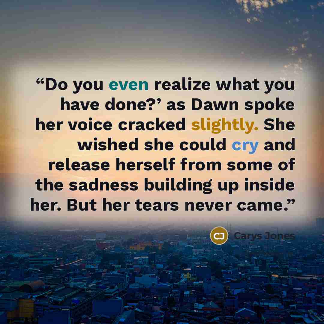 “Do you even realize what you have done?’ as Dawn spoke her voice cracked slightly. She wished she could cry and release herself from some of the sadness building up inside her. But her tears never came.” quote by Carys Jones