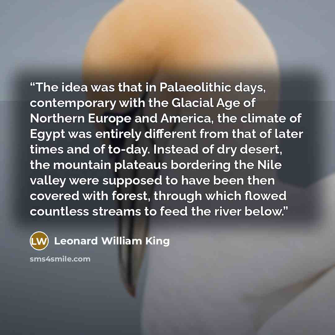 “The idea was that in Palaeolithic days, contemporary with the Glacial Age of Northern Europe and America, the climate of Egypt was entirely different from that of later times and of to-day. Instead of dry desert, the mountain plateaus bordering the Nile valley were supposed to have been then…” quote by Leonard William King
