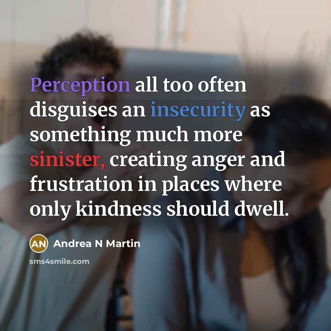 “Perception all too often disguises an insecurity as something much more sinister, creating anger and frustration in places where only kindness should dwell.” quote by Andrea N Martin