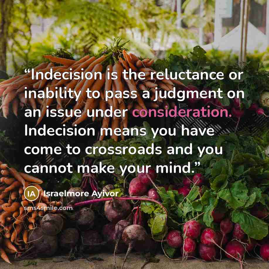 “Indecision is the reluctance or inability to pass a judgment on an issue under consideration. Indecision means you have come to crossroads and you cannot make your mind.” quote by Israelmore Ayivor