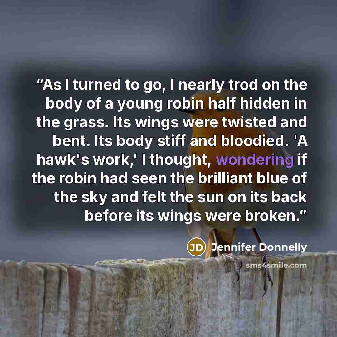“As I turned to go, I nearly trod on the body of a young robin half hidden in the grass. Its wings were twisted and bent. Its body stiff and bloodied. 'A hawk's work,' I thought, wondering if the robin had seen the brilliant blue of the sky and felt the sun on its back before its wings were broken.” quote by Jennifer Donnelly