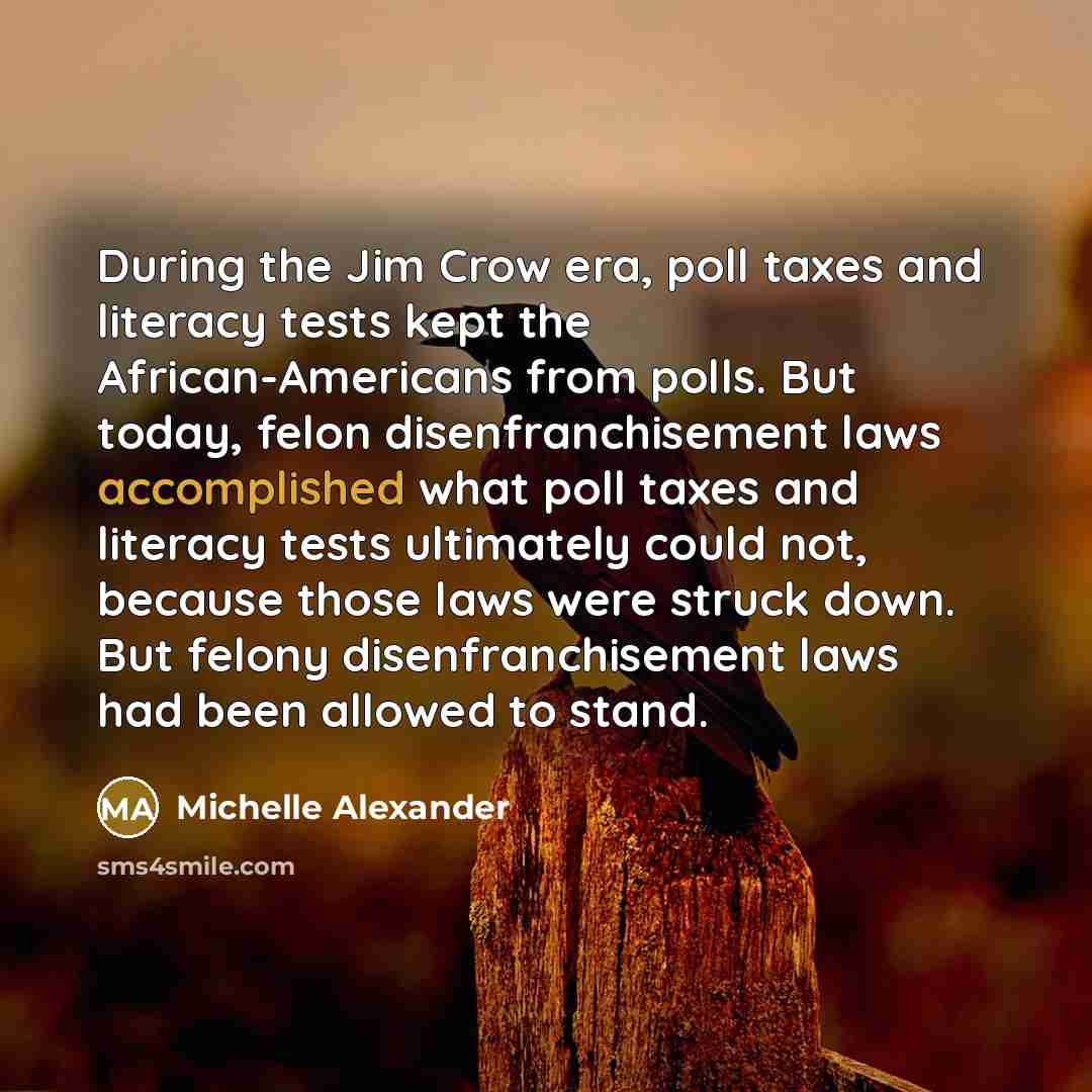 “During the Jim Crow era, poll taxes and literacy tests kept the African-Americans from polls. But today, felon disenfranchisement laws accomplished what poll taxes and literacy tests ultimately could not, because those laws were struck down. But felony disenfranchisement laws had been allowed to…” quote by Michelle Alexander
