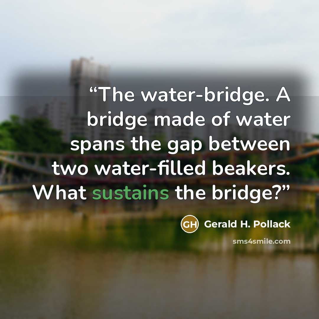 “The water-bridge. A bridge made of water spans the gap between two water-filled beakers. What sustains the bridge?” quote by Gerald H. Pollack