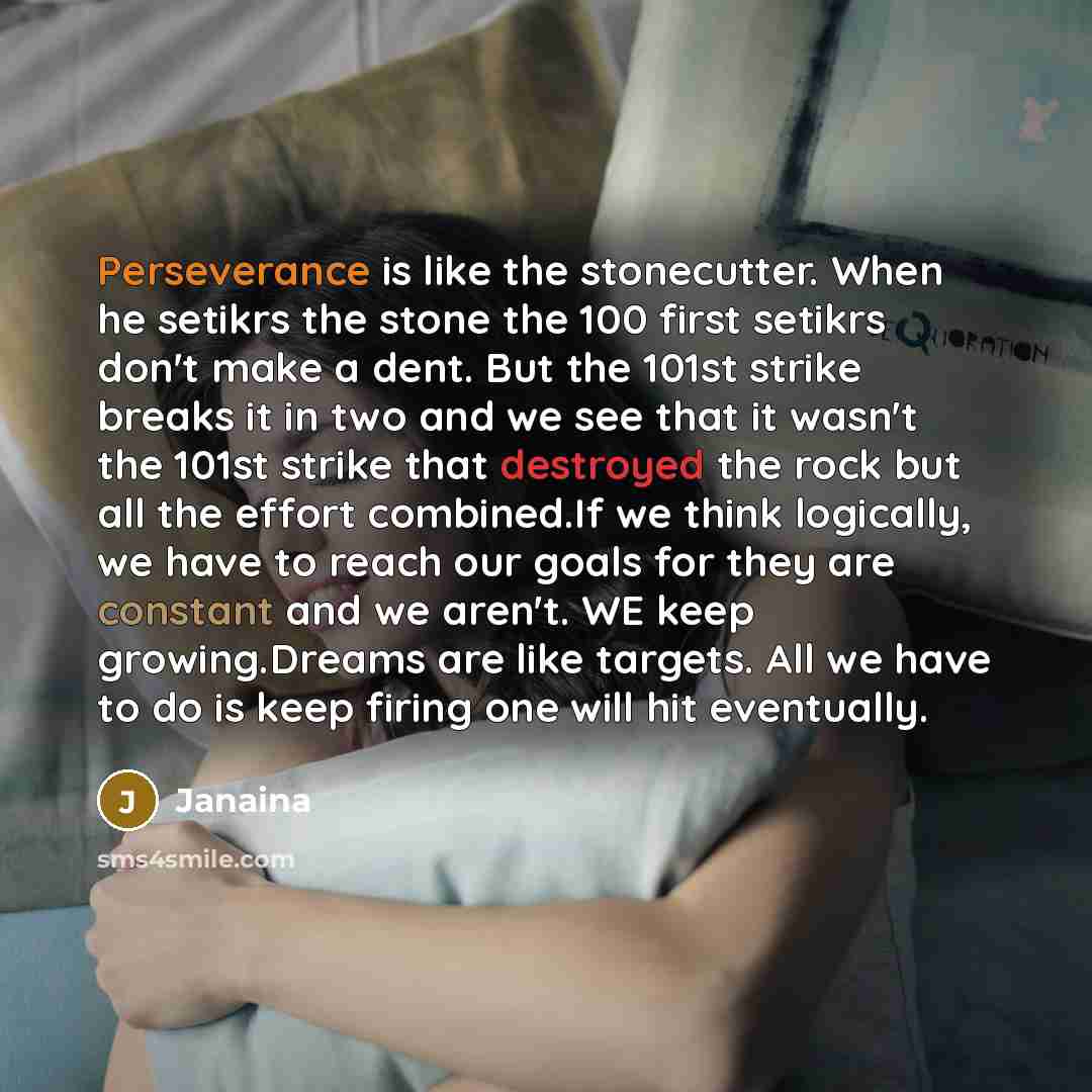“Perseverance is like the stonecutter. When he setikrs the stone the 100 first setikrs don't make a dent. But the 101st strike breaks it in two and we see that it wasn't the 101st strike that destroyed the rock but all the effort combined.If we think logically, we have to reach our goals for they…” quote by Janaina