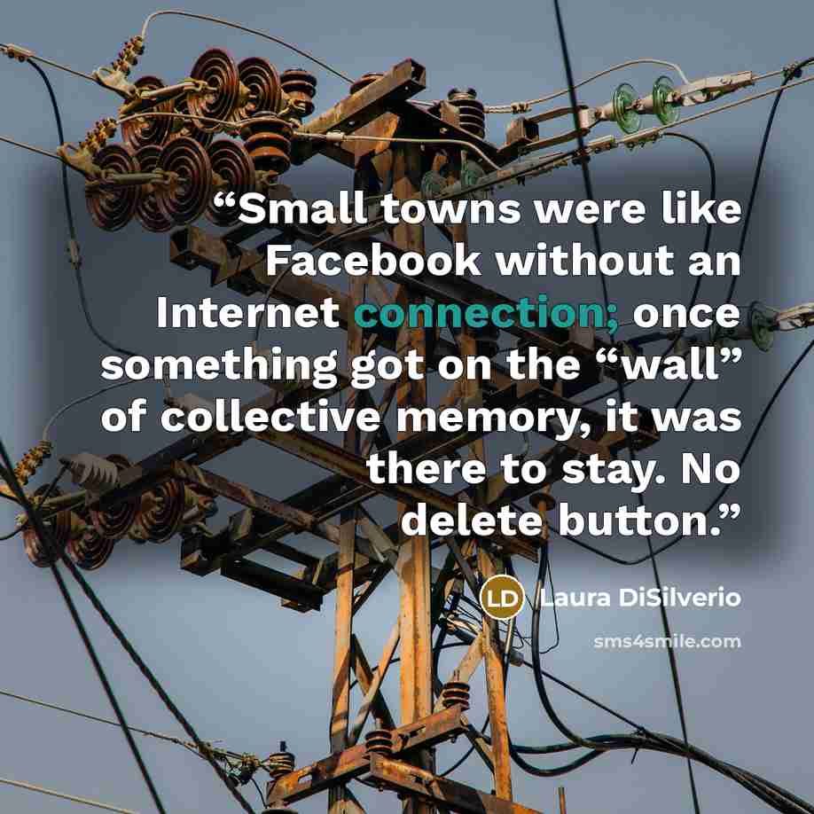 “Small towns were like Facebook without an Internet connection; once something got on the “wall” of collective memory, it was there to stay. No delete button.” quote by Laura DiSilverio