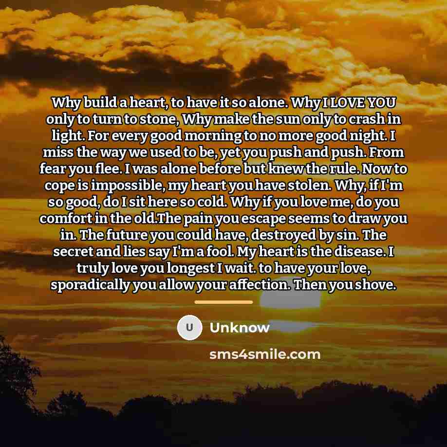 “Why build a heart, to have it so alone. Why…” quote by Unknow