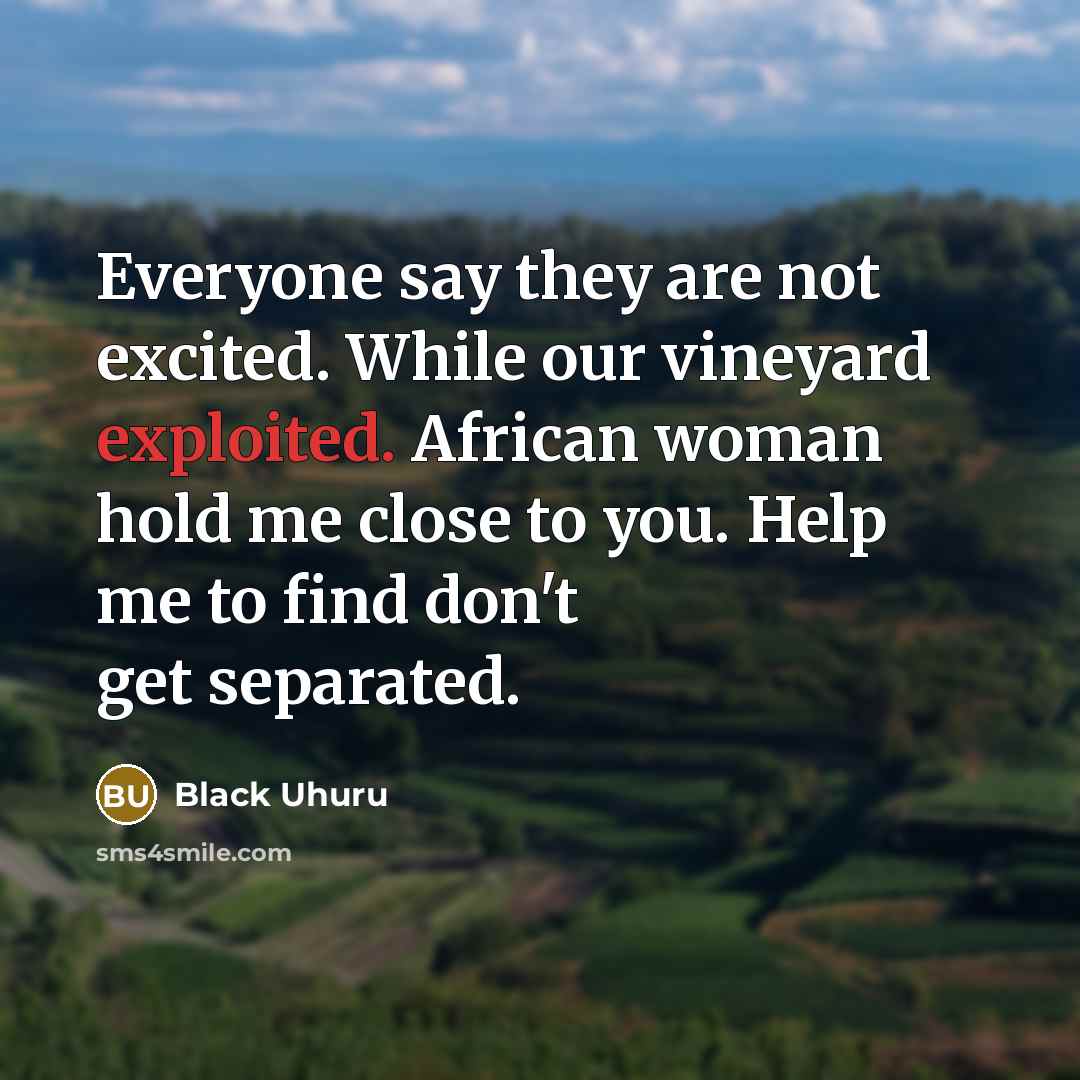 “Everyone say they are not excited. While our vineyard exploited. African woman hold me close to you. Help me to find don't get separated.” quote by Black Uhuru