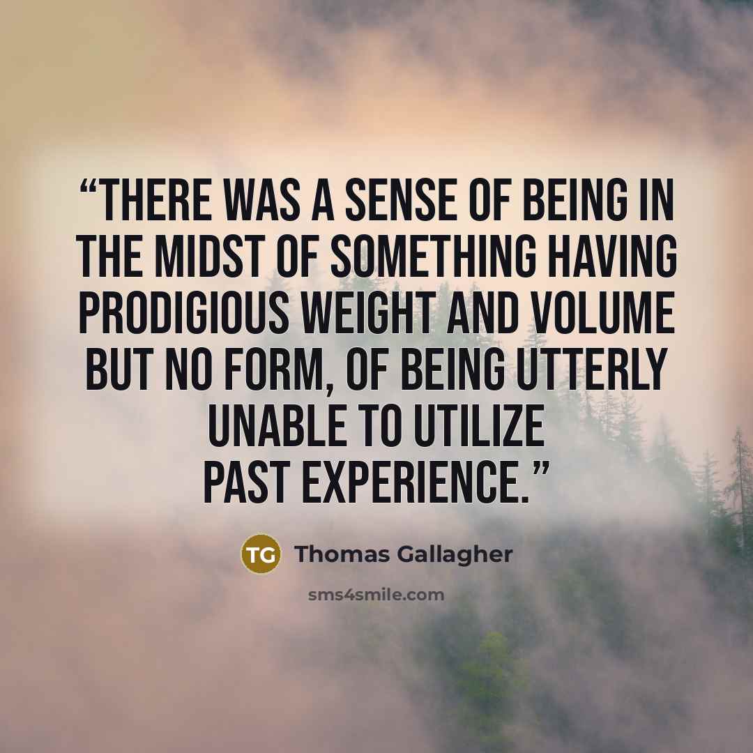 “There was a sense of being in the midst of something having prodigious weight and volume but no form, of being utterly unable to utilize past experience.” quote by Thomas Gallagher