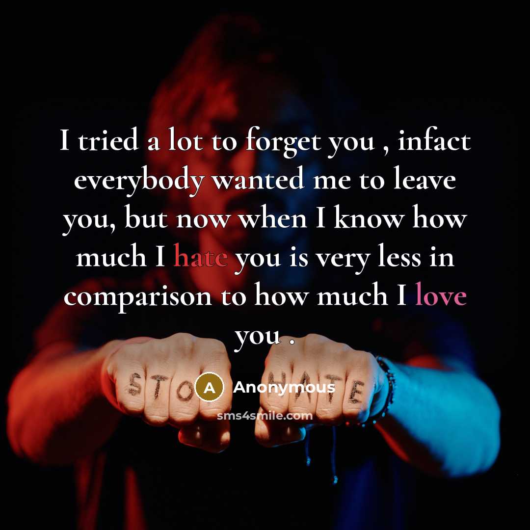 “I tried a lot to forget you , infact everybody wanted me to leave you, but now when I know how much I hate you is very less in comparison to how much I love you .” quote by Anonymous