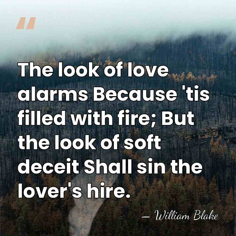 The look of love alarms Because 'tis filled with fire; But the&hellip; - William Blake