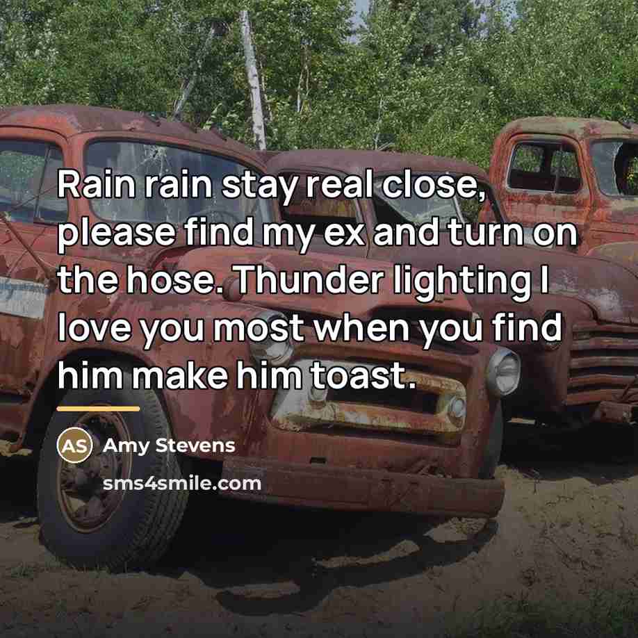 “Rain rain stay real close, please find my ex and…” quote by Amy Stevens