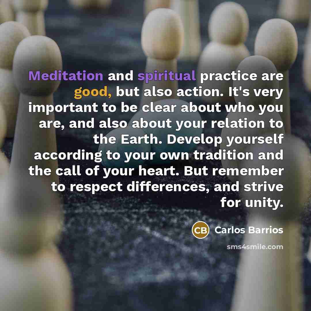 “Meditation and spiritual practice are good, but also action. It's…” quote by Carlos Barrios