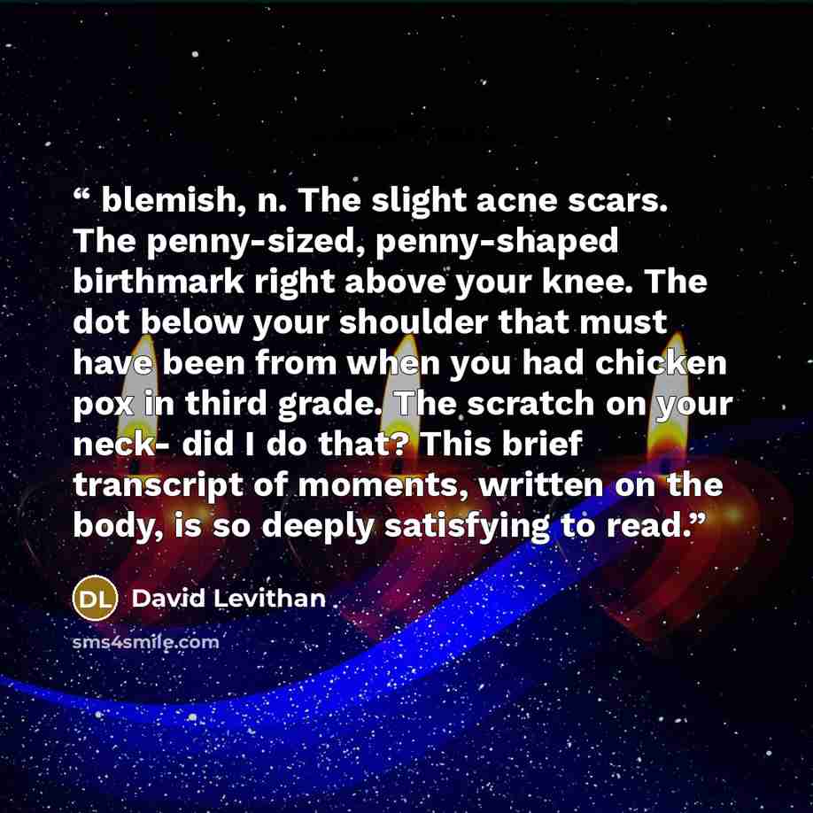 “blemish, n. The slight acne scars. The penny-sized, penny-shaped birthmark right above your knee. The dot below your shoulder that must have been from when you had chicken pox in third grade. The scratch on your neck- did I do that? This brief transcript of moments, written on the body, is so…” quote by David Levithan