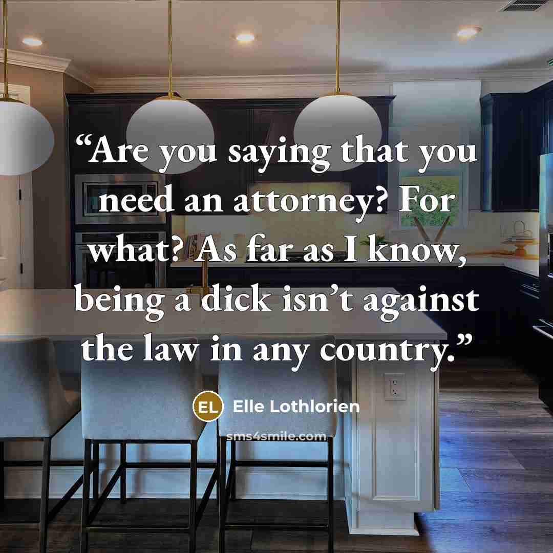 “Are you saying that you need an attorney? For what? As far as I know, being a dick isn’t against the law in any country.” quote by Elle Lothlorien
