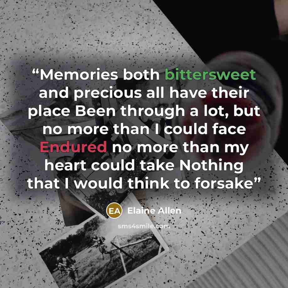 “Memories both bittersweet and precious all have their place Been through a lot, but no more than I could face Endured no more than my heart could take Nothing that I would think to forsake” quote by Elaine Allen