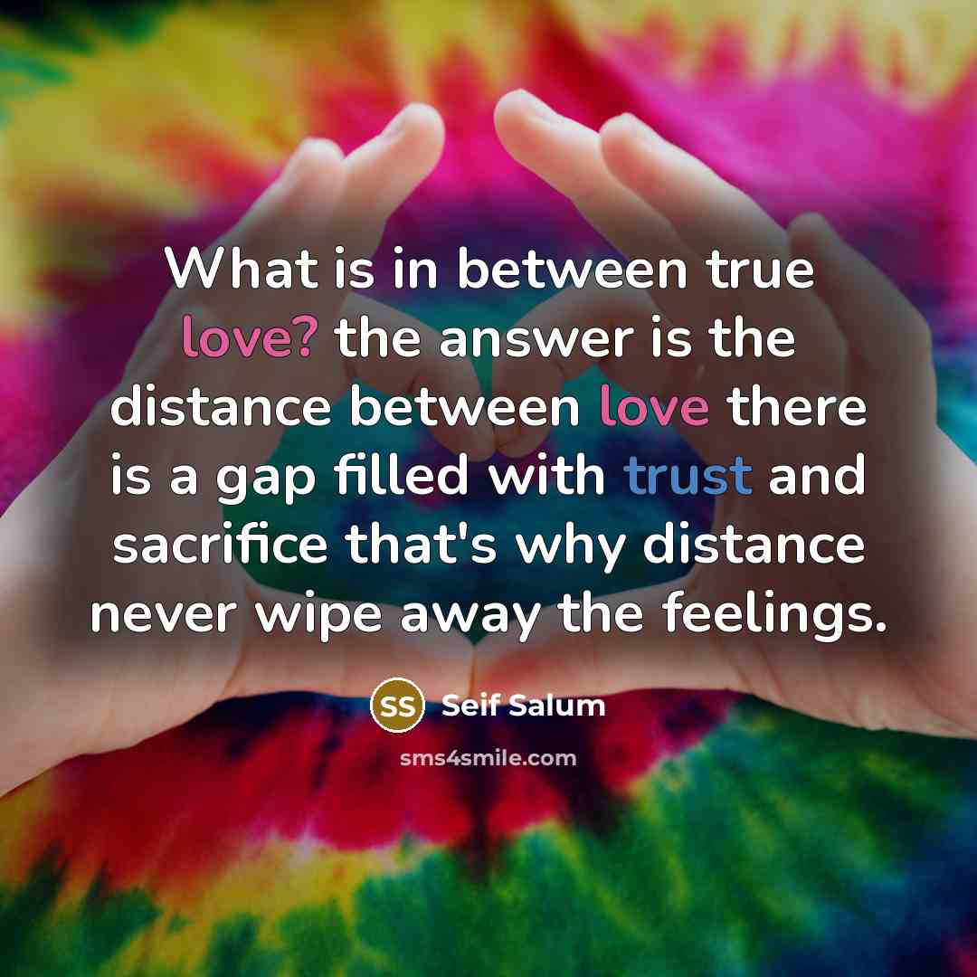 “What is in between true love? the answer is the distance between love there is a gap filled with trust and sacrifice that's why distance never wipe away the feelings.” quote by Seif Salum