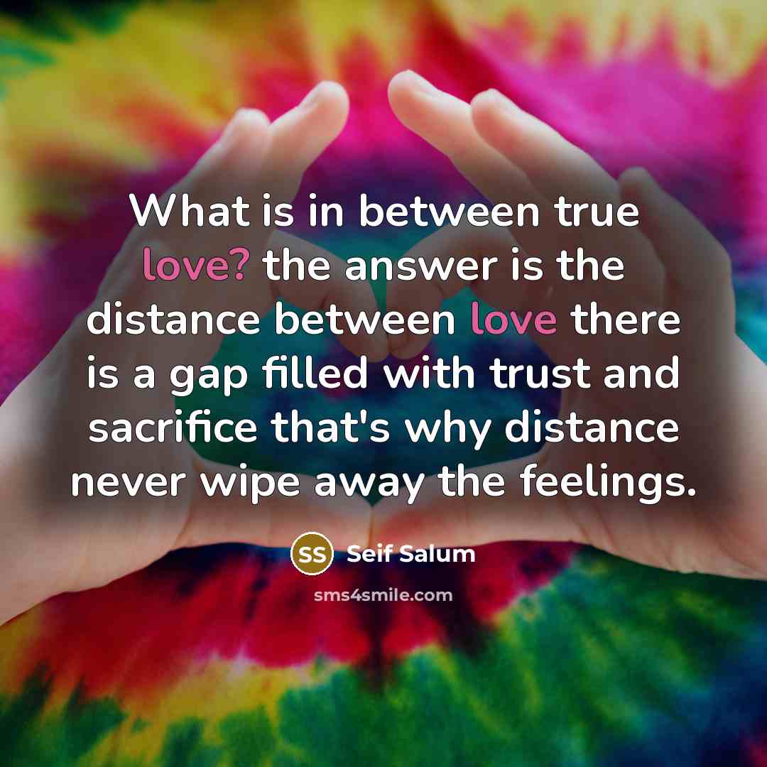 “What is in between true love? the answer is the distance between love there is a gap filled with trust and sacrifice that's why distance never wipe away the feelings.” quote by Seif Salum