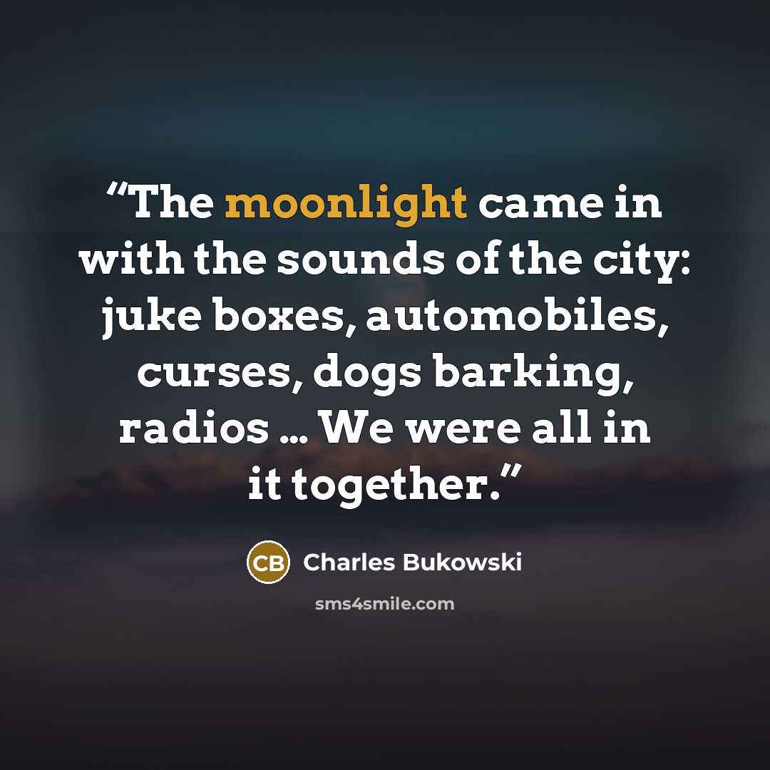 “The moonlight came in with the sounds of the city: juke boxes, automobiles, curses, dogs barking, radios … We were all in it together.” quote by Charles Bukowski