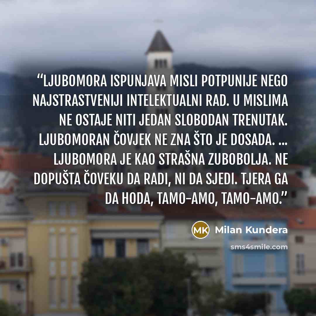 “Ljubomora ispunjava misli potpunije nego najstrastveniji intelektualni rad. U mislima ne ostaje niti jedan slobodan trenutak. Ljubomoran čovjek ne zna što je dosada. ... Ljubomora je kao strašna zubobolja. Ne dopušta čoveku da radi, ni da sjedi. Tjera ga da hoda, tamo-amo, tamo-amo.” quote by Milan Kundera