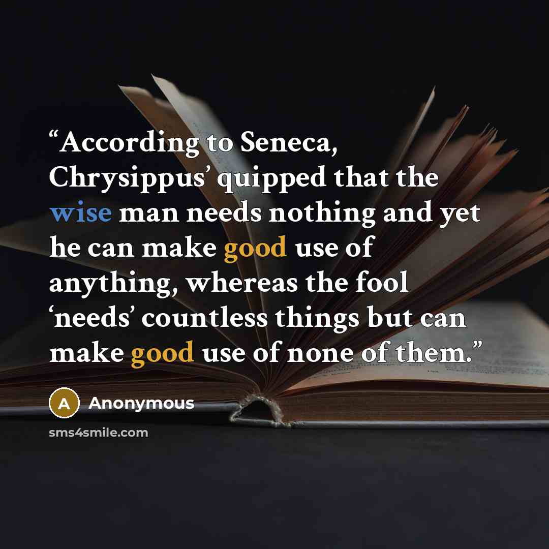 “According to Seneca, Chrysippus’ quipped that the wise man needs nothing and yet he can make good use of anything, whereas the fool ‘needs’ countless things but can make good use of none of them.” quote by Anonymous