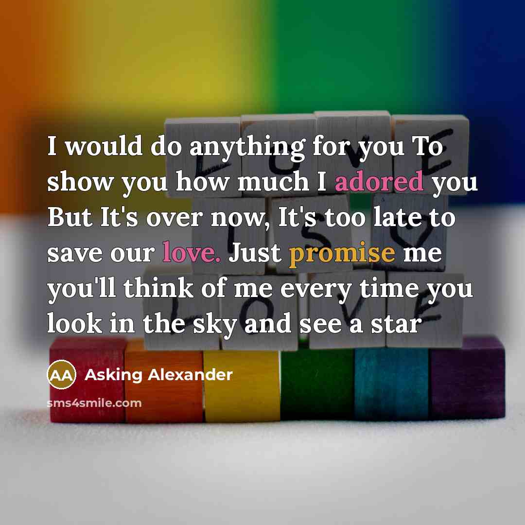 “I would do anything for you To show you how much I adored you But It's over now, It's too late to save our love. Just promise me you'll think of me every time you look in the sky and see a star” quote by Asking Alexander
