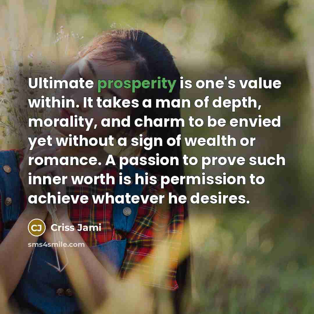 “Ultimate prosperity is one's value within. It takes a man…” quote by Criss Jami