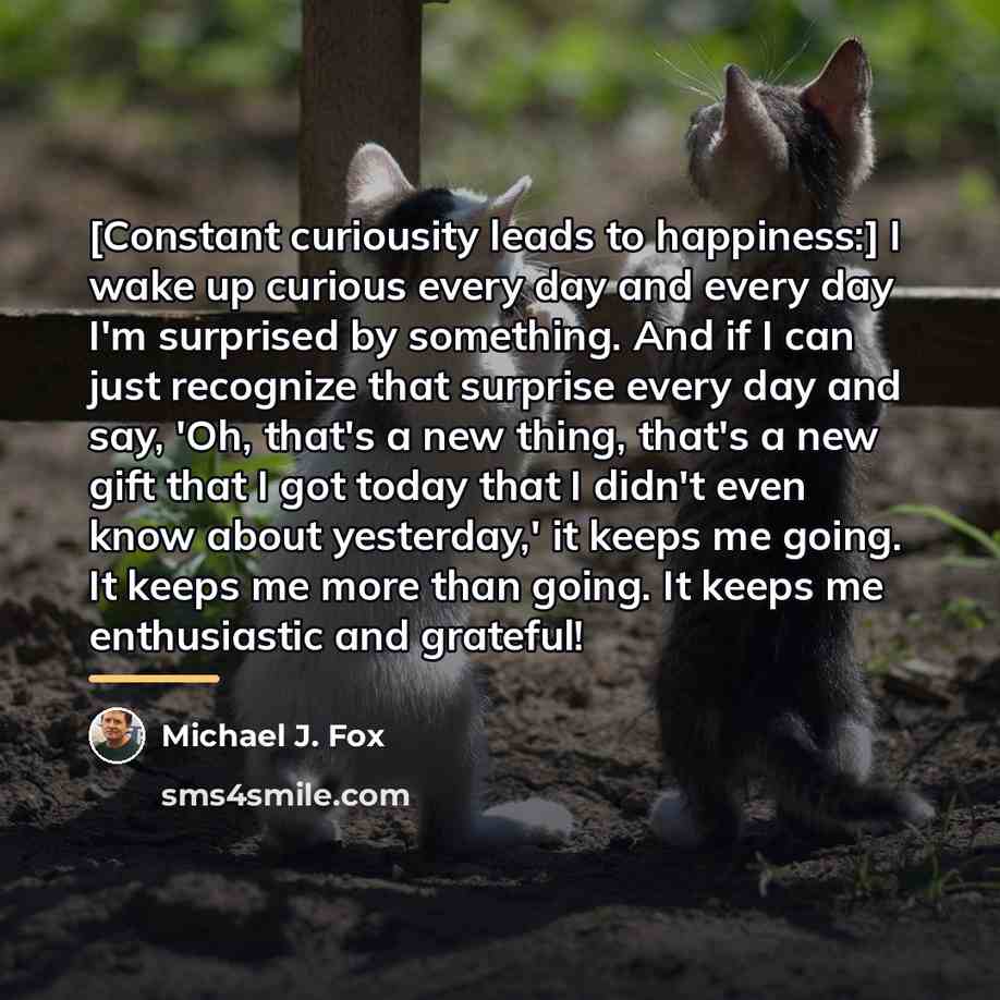 “[Constant curiousity leads to happiness:] I wake up curious every…” quote by Michael J. Fox
