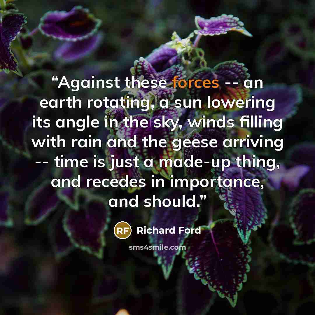 “Against these forces -- an earth rotating, a sun lowering its angle in the sky, winds filling with rain and the geese arriving -- time is just a made-up thing, and recedes in importance, and should.” quote by Richard Ford