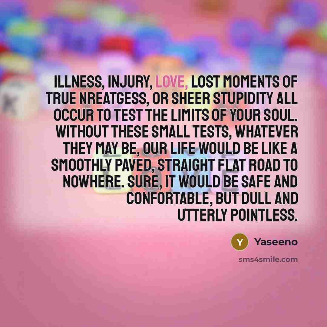 “Illness, Injury, love, lost moments of true nreatgess, or sheer stupidity all occur to test the limits of your soul. Without these small tests, whatever they may be, our life would be like a smoothly paved, straight flat road to nowhere. Sure, it would be safe and confortable, but dull and utterly…” quote by Yaseeno