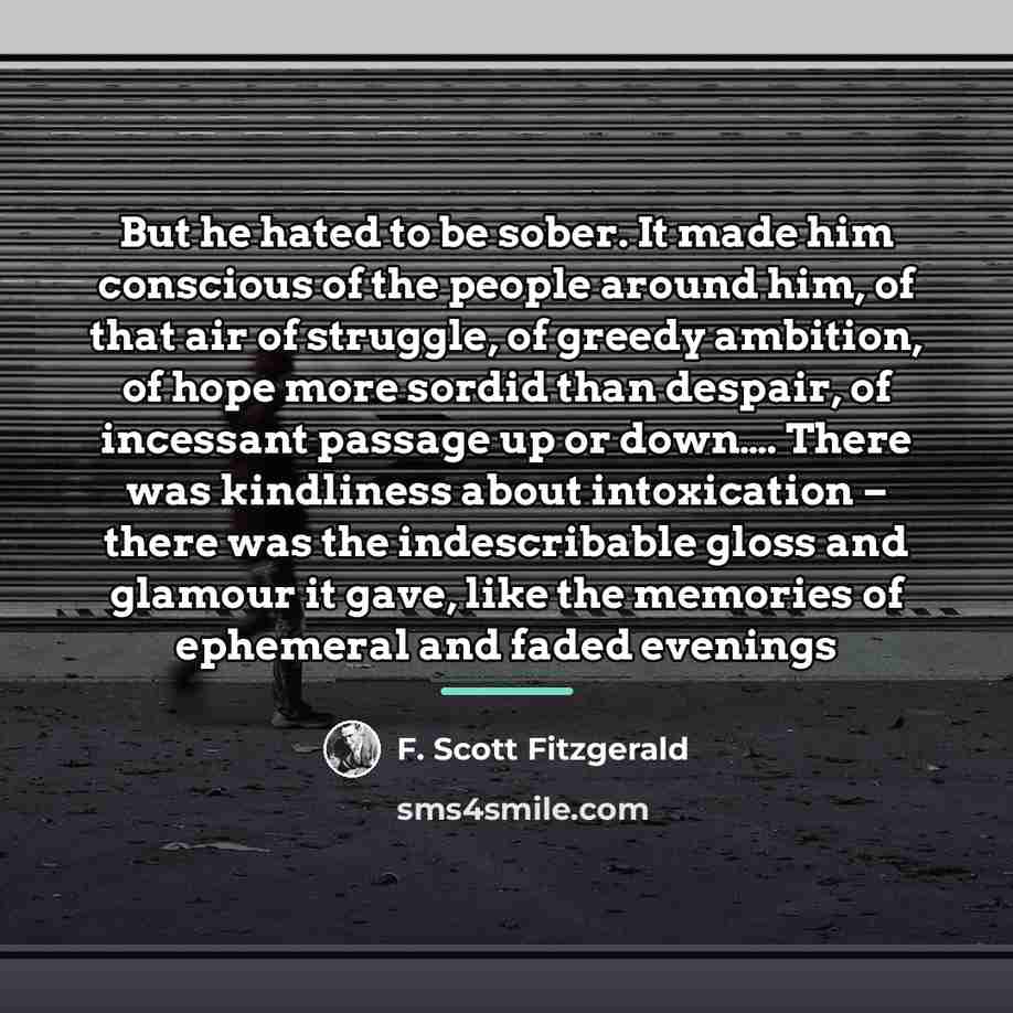 “But he hated to be sober. It made him conscious…” quote by F. Scott Fitzgerald