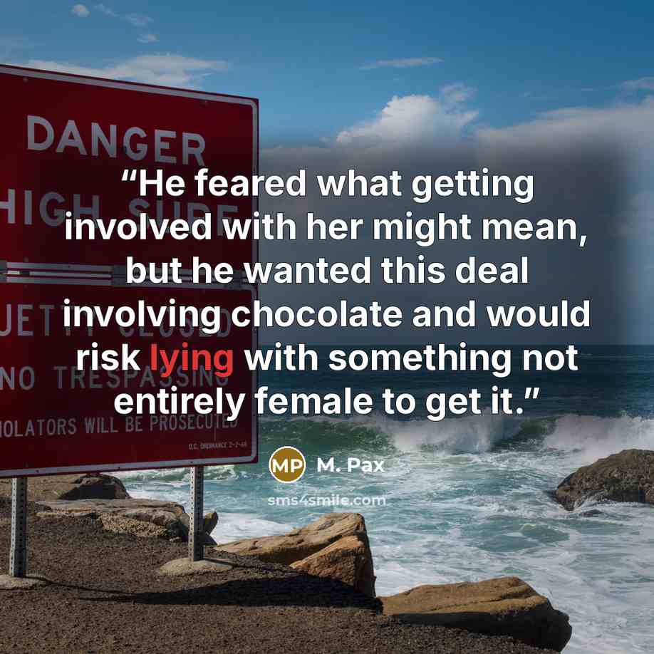 “He feared what getting involved with her might mean, but he wanted this deal involving chocolate and would risk lying with something not entirely female to get it.” quote by M. Pax