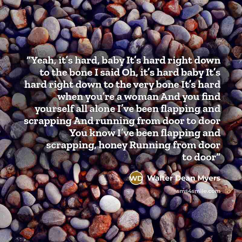 “Yeah, it’s hard, baby It’s hard right down to the bone I said Oh, it’s hard baby It’s hard right down to the very bone It’s hard when you’re a woman And you find yourself all alone I’ve been flapping and scrapping And running from door to door You know I’ve been flapping and scrapping, honey…” quote by Walter Dean Myers