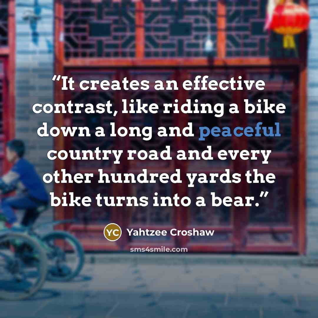 “It creates an effective contrast, like riding a bike down a long and peaceful country road and every other hundred yards the bike turns into a bear.” quote by Yahtzee Croshaw