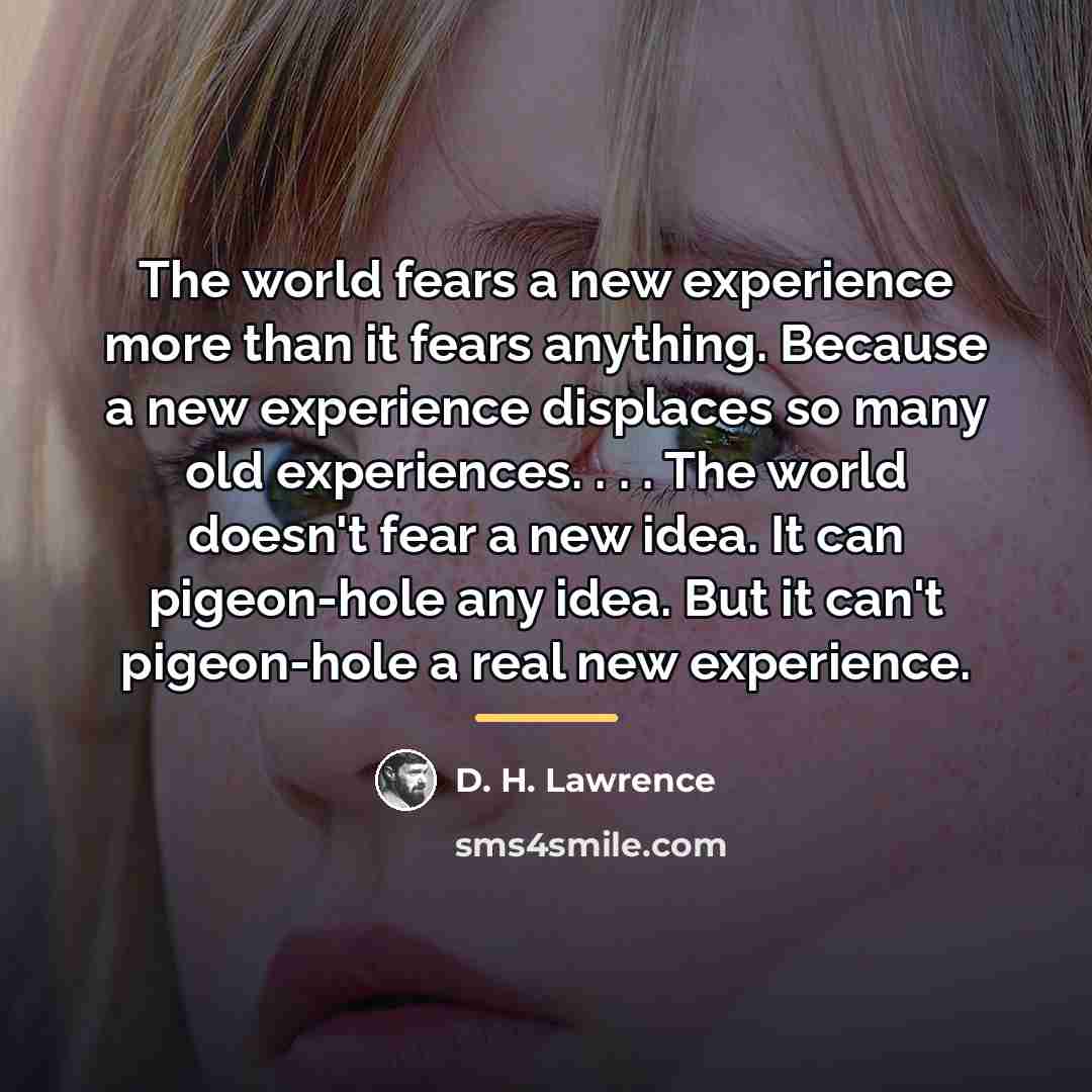 “The world fears a new experience more than it fears…” quote by D. H. Lawrence