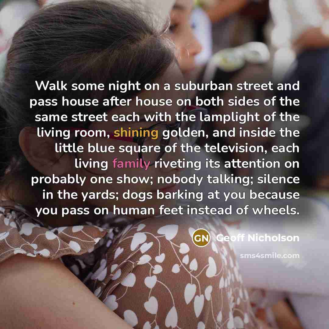 “Walk some night on a suburban street and pass house…” quote by Geoff Nicholson