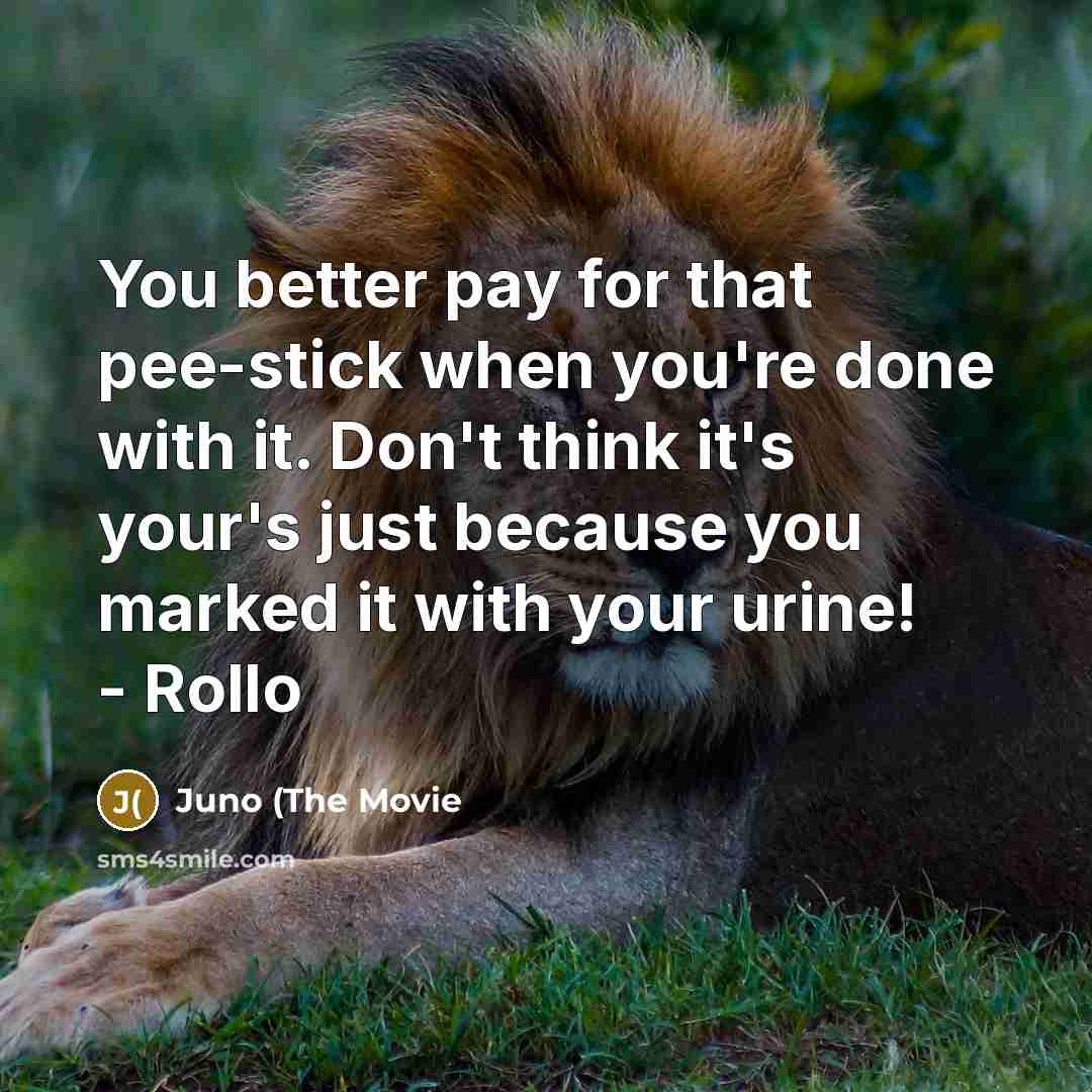 “You better pay for that pee-stick when you're done with it. Don't think it's your's just because you marked it with your urine! - Rollo” quote by Juno (The Movie