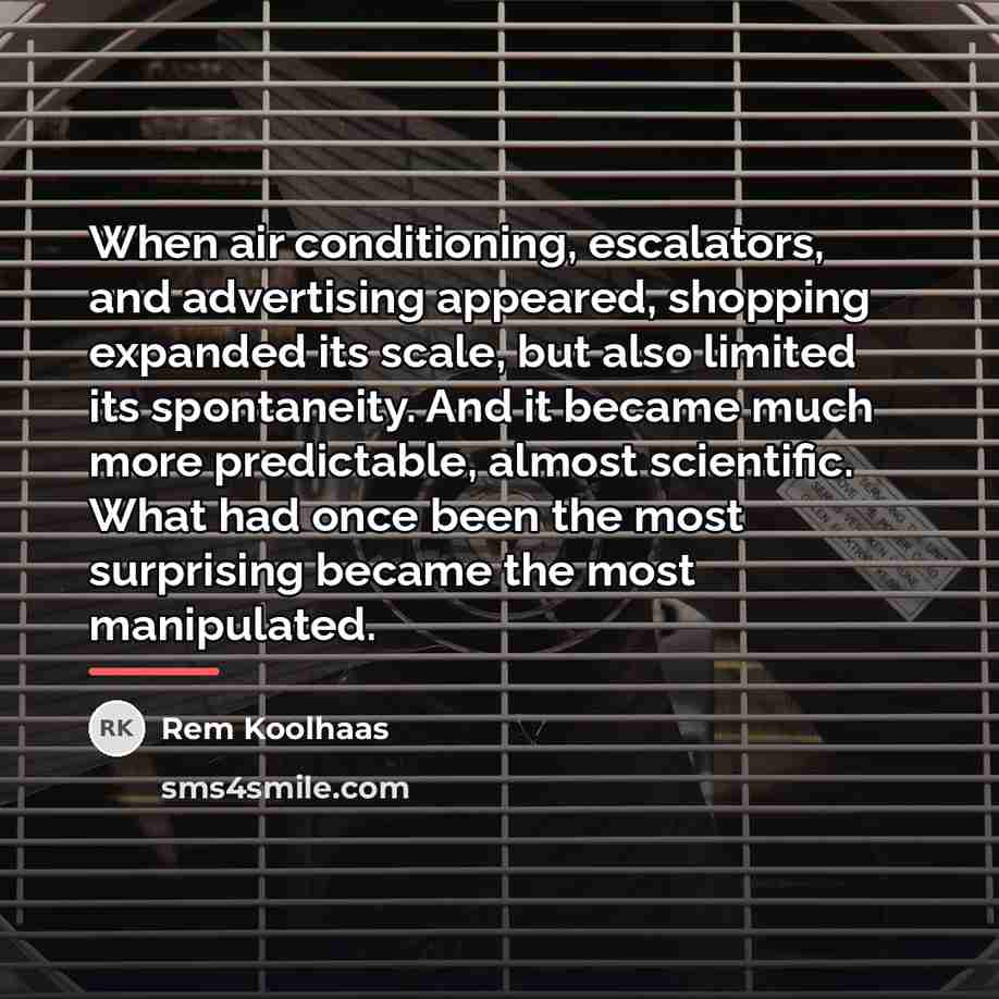 “When air conditioning, escalators, and advertising appeared, shopping expanded its…” quote by Rem Koolhaas