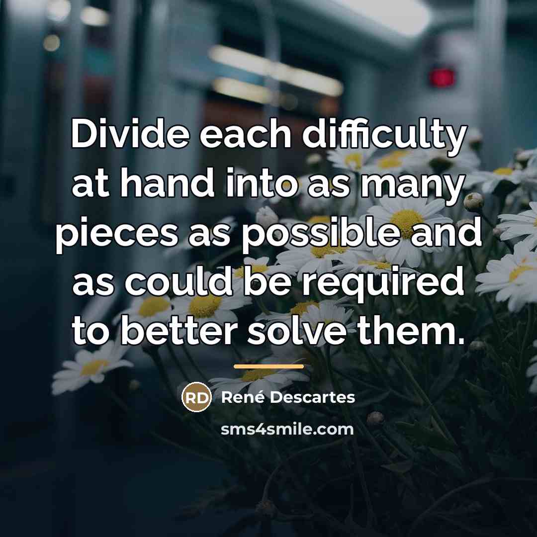 “Divide each difficulty at hand into as many pieces as…” quote by Rene Descartes
