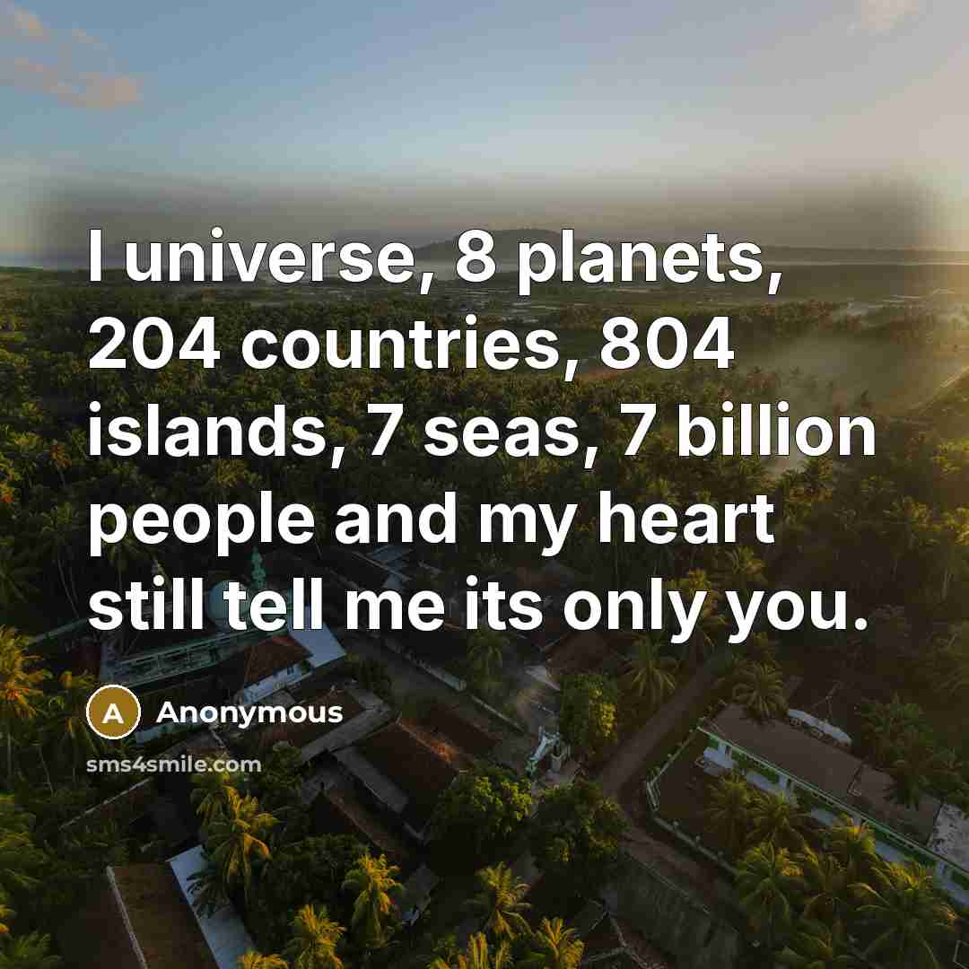 “I universe, 8 planets, 204 countries, 804 islands, 7 seas, 7 billion people and my heart still tell me its only you.” quote by Anonymous