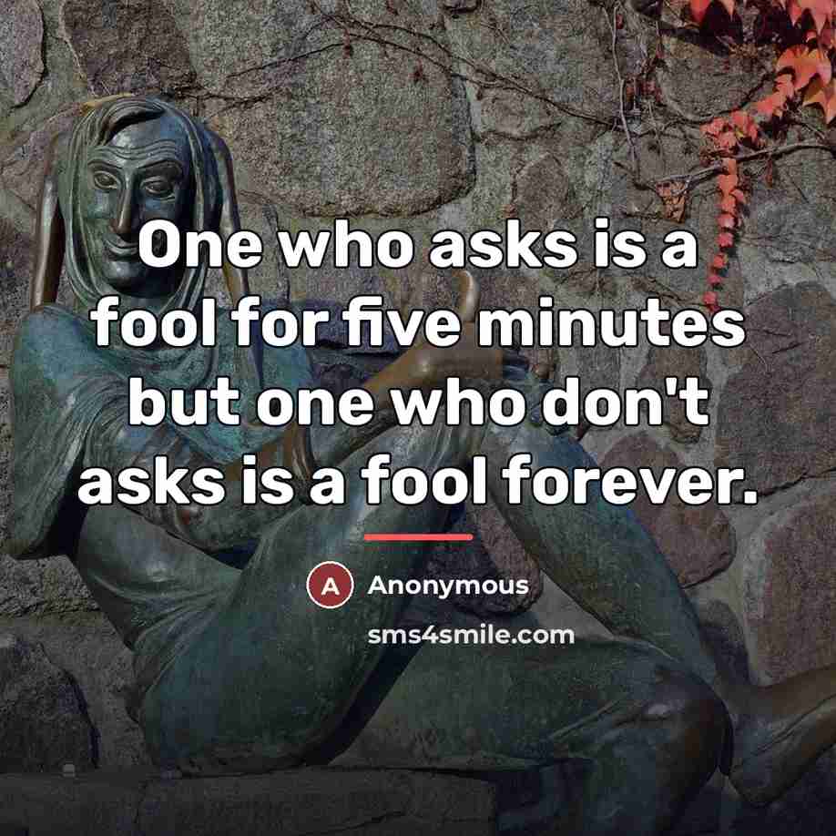 “One who asks is a fool for five minutes but…” quote by Anonymous