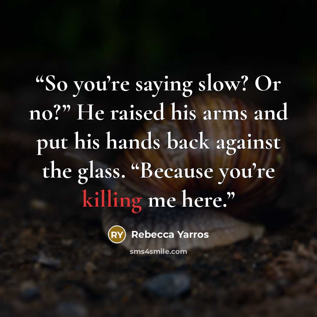 “So you’re saying slow? Or no?” He raised his arms and put his hands back against the glass. “Because you’re killing me here.” quote by Rebecca Yarros