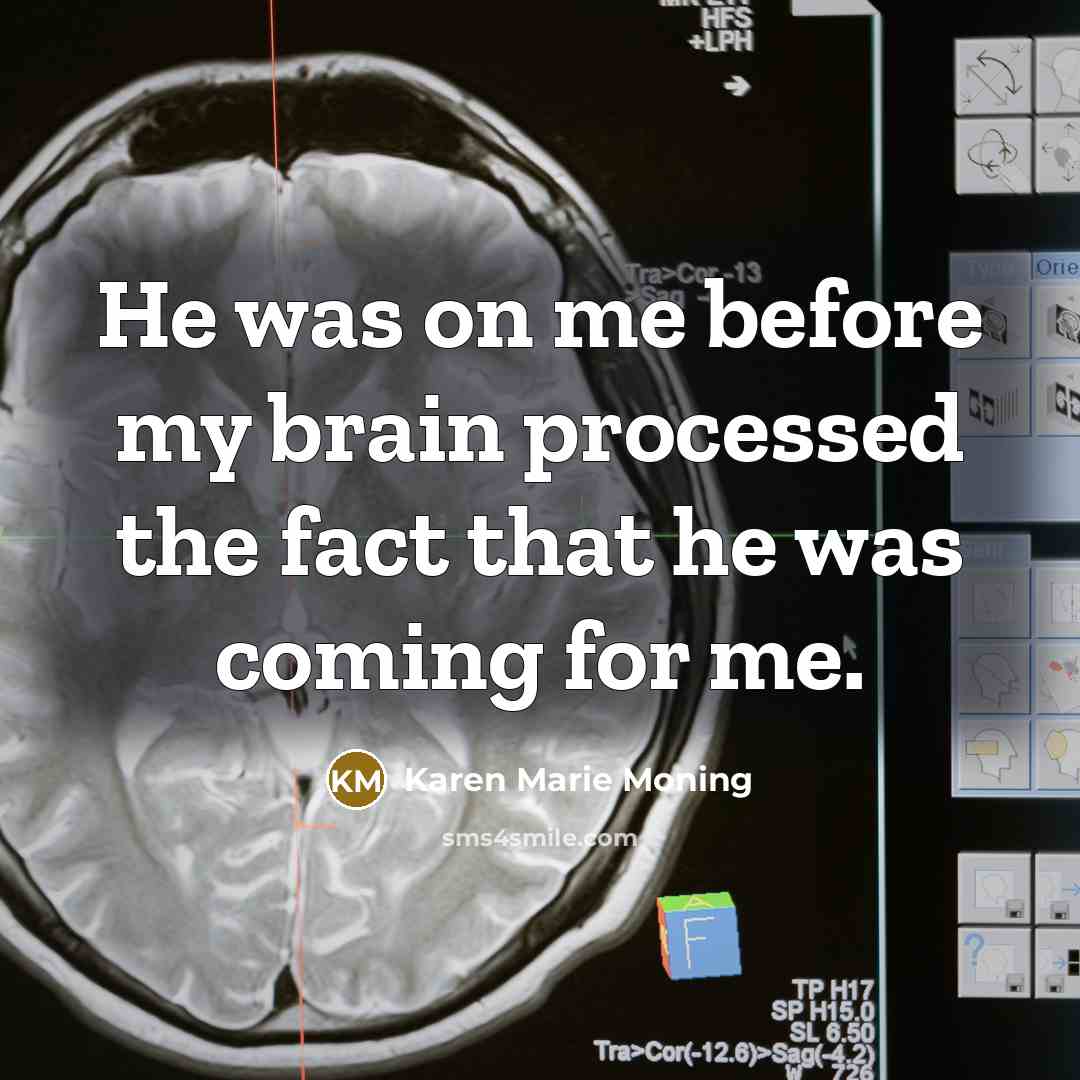 “He was on me before my brain processed the fact…” quote by Karen Marie Moning