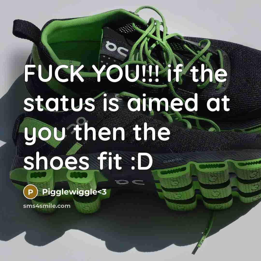 “FUCK YOU!!! if the status is aimed at you then the shoes fit :D” quote by Pigglewiggle