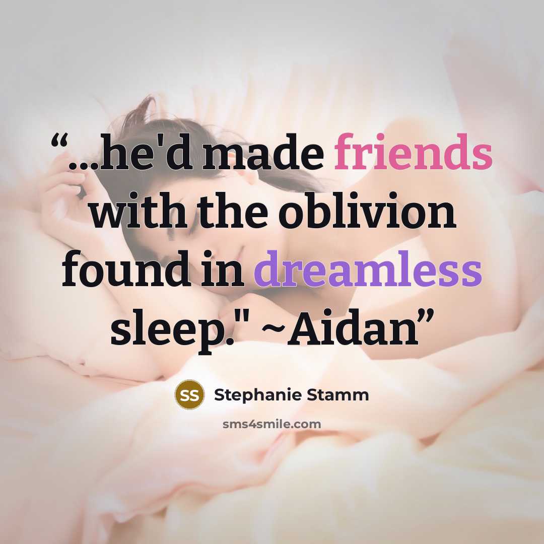 “...he'd made friends with the oblivion found in dreamless sleep." ~Aidan” quote by Stephanie Stamm