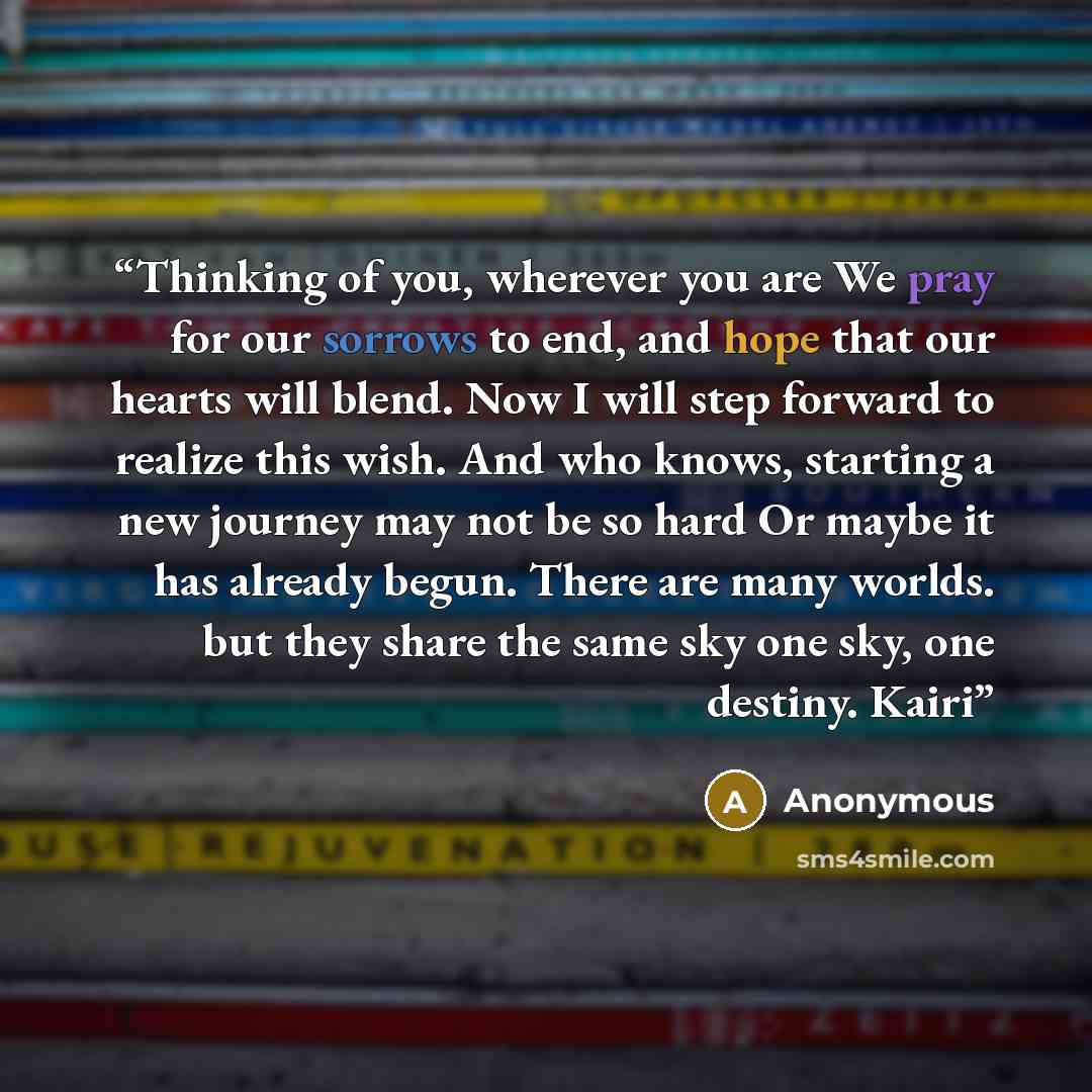 “Thinking of you, wherever you are We pray for our sorrows to end, and hope that our hearts will blend. Now I will step forward to realize this wish. And who knows, starting a new journey may not be so hard Or maybe it has already begun. There are many worlds. but they share the same sky one sky…” quote by Anonymous