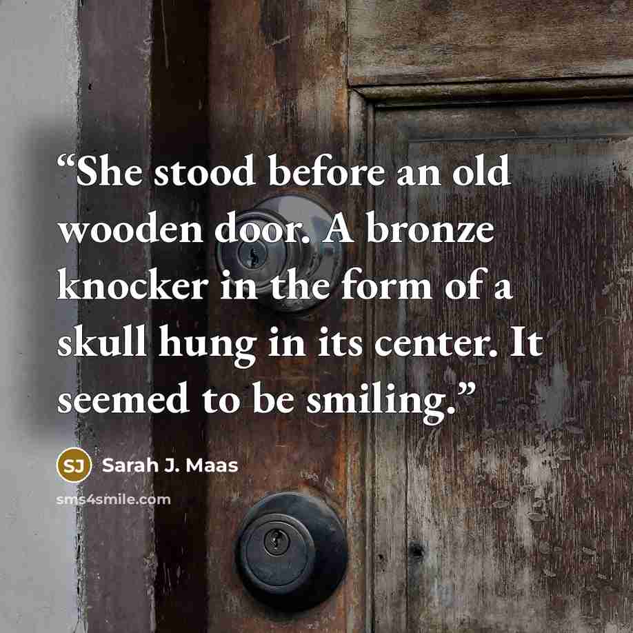 “She stood before an old wooden door. A bronze knocker in the form of a skull hung in its center. It seemed to be smiling.” quote by Sarah J. Maas