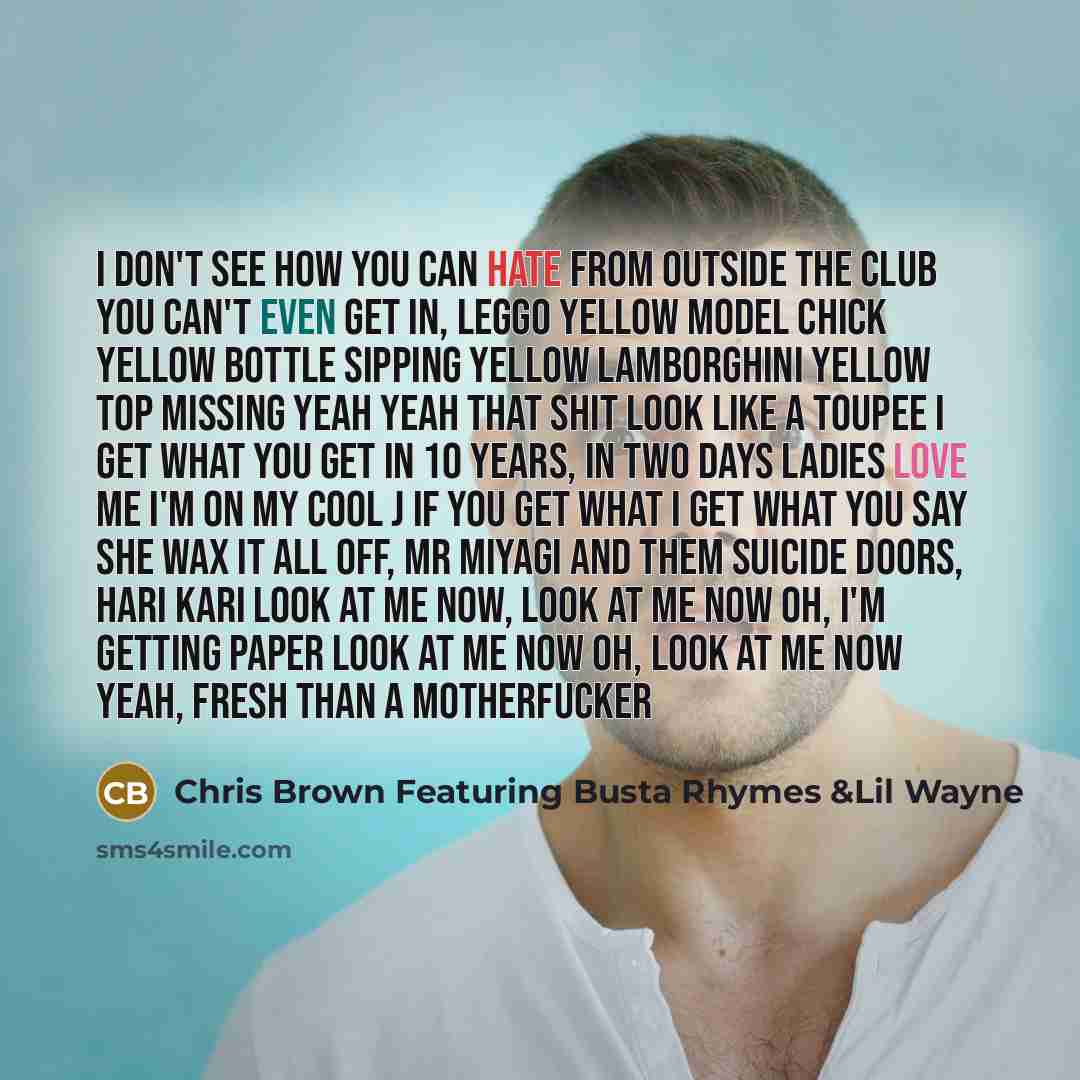 “I don't see how you can hate From outside the club you Can't even get in, Leggo Yellow model chick Yellow bottle sipping Yellow Lamborghini Yellow top missing Yeah yeah That shit look like a toupee I get what you get in 10 years, in two days Ladies love me I'm on my cool J If you get what I get…” quote by Chris Brown Featuring Busta Rhymes &Lil Wayne