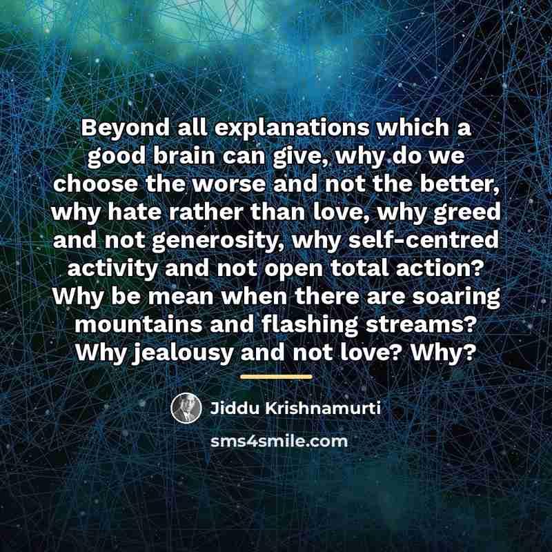 “Beyond all explanations which a good brain can give, why…” quote by Jiddu Krishnamurti
