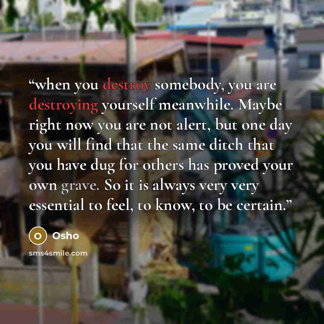 “when you destroy somebody, you are destroying yourself meanwhile. Maybe right now you are not alert, but one day you will find that the same ditch that you have dug for others has proved your own grave. So it is always very very essential to feel, to know, to be certain.” quote by Osho