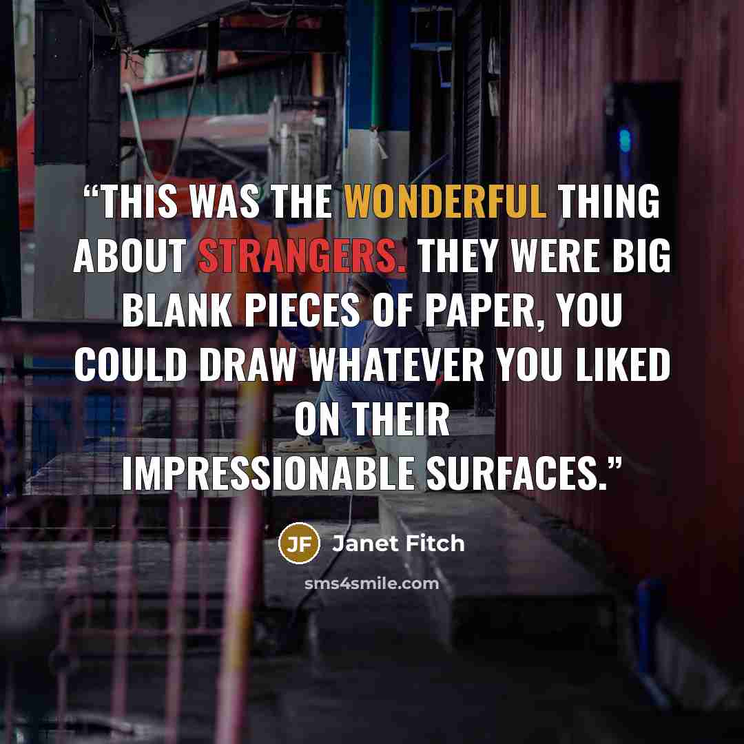 “This was the wonderful thing about strangers. They were big blank pieces of paper, you could draw whatever you liked on their impressionable surfaces.” quote by Janet Fitch